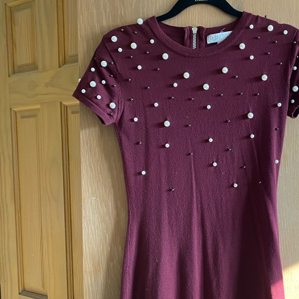 maron dress with pearls
